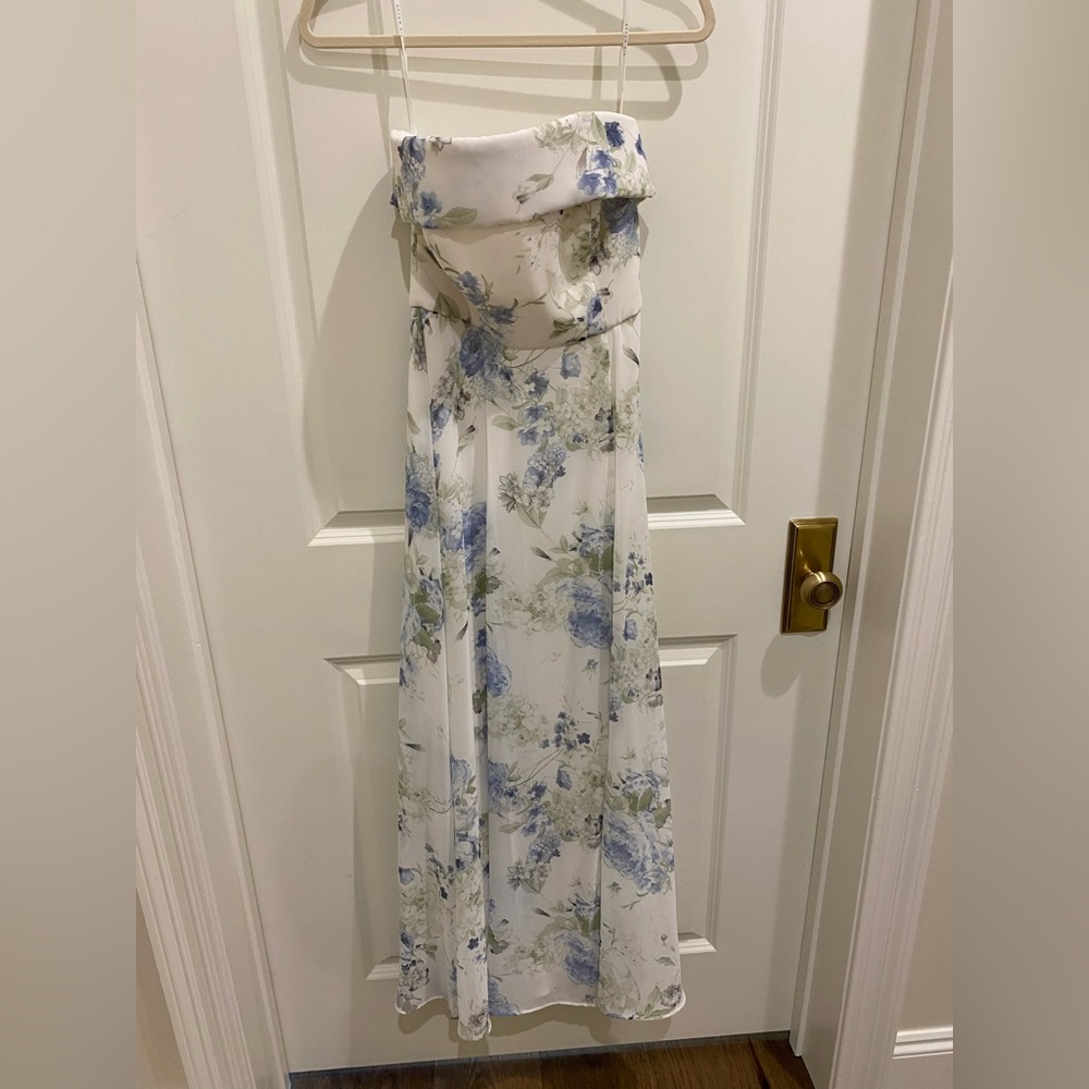 AFTER SIX: Floral white blue bridesmaids dresses